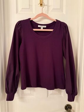Single Thread Plum Mixed Media Puff Sleeve Scoop Neck Top Medium